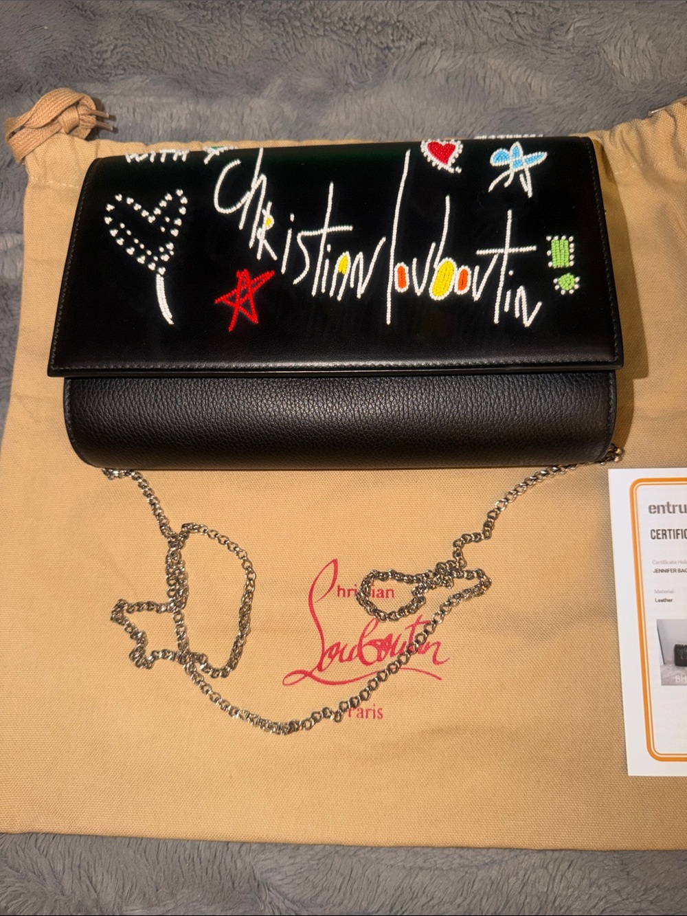 Preloved Christian Louboutin Black Leather beaded Paloma clutch Loubitag Dust B